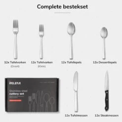 Deleca 12 Persoons Bestekset (72-delig) - Lepels, Messen, Vorken & Steakmessen - Vaatwasserbestendig - Zilver / RVS -Kookgerei Serviesgoed Winkel 1200x1200 442