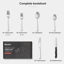 Deleca 8 Persoons Bestekset (48-delig) - Lepels, Messen, Vorken & Steakmessen - Vaatwasserbestendig - Zilver / RVS -Kookgerei Serviesgoed Winkel 1200x1200 473