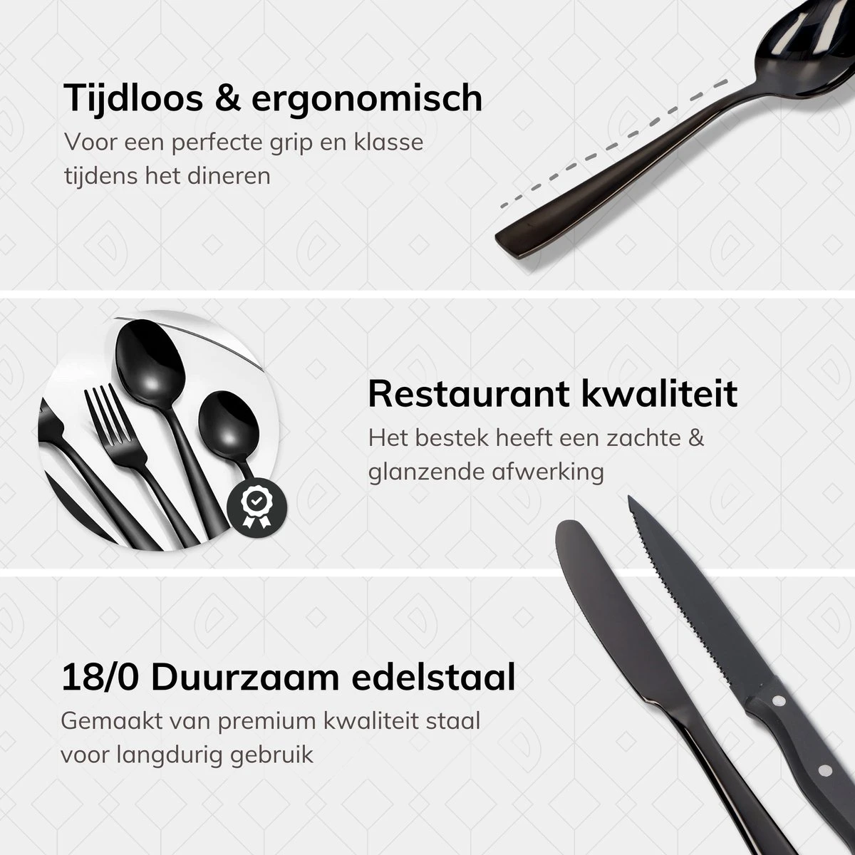 Deleca 6 Persoons Bestekset (36-delig) - Lepels, Messen, Vorken & Steakmessen - Vaatwasserbestendig - Zwart / RVS 6 Deleca 6 Persoons Bestekset (36-delig) - Lepels, Messen, Vorken & Steakmessen - Vaatwasserbestendig - Zwart / RVS - Afbeelding 6