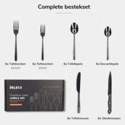 Deleca 6 Persoons Bestekset (36-delig) - Lepels, Messen, Vorken & Steakmessen - Vaatwasserbestendig - Zwart / RVS 18 Deleca 6 Persoons Bestekset (36-delig) - Lepels, Messen, Vorken & Steakmessen - Vaatwasserbestendig - Zwart / RVS -Kookgerei Serviesgoed Winkel 1200x1200 491