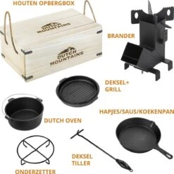 Dutch Mountains Gietijzeren Pannenset 7-delig - Dutch Oven – Braadpan - Grillpan - Hapjespan - Kookset In Houten Transportkist - Deksellifter - Brander -Kookgerei Serviesgoed Winkel 1200x1200 574