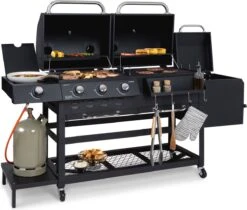 Klarstein Kingsville Double Barbecue - Houtskool- En Gasbarbecue - Smoker BBQ - Inclusief Deksels En Thermometer - Met 2 Roosters - Zwart -Kookgerei Serviesgoed Winkel 1200x1020