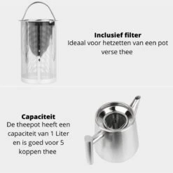 Castagnola Theepot Met Filter – Theekan – Theepot Dubbelwandig – Theepot Roestvrijstaal – Hoogwaardig RVS – 1 Liter – 5 Kopjes Thee – Zilver -Kookgerei Serviesgoed Winkel 1200x1195 4