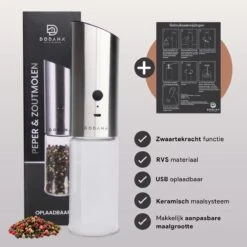 DODANA Premium Peper - & Zoutmolen Elektrisch - 1 Stuk - Pepermolen - Zoutmolen - Oplaadbaar - USB - Elektrische Pepermolen - RVS - Zwaartekracht Functie - LED Lamp - Nl Handleiding - Incl Borsteltje -Kookgerei Serviesgoed Winkel 1200x1199 2
