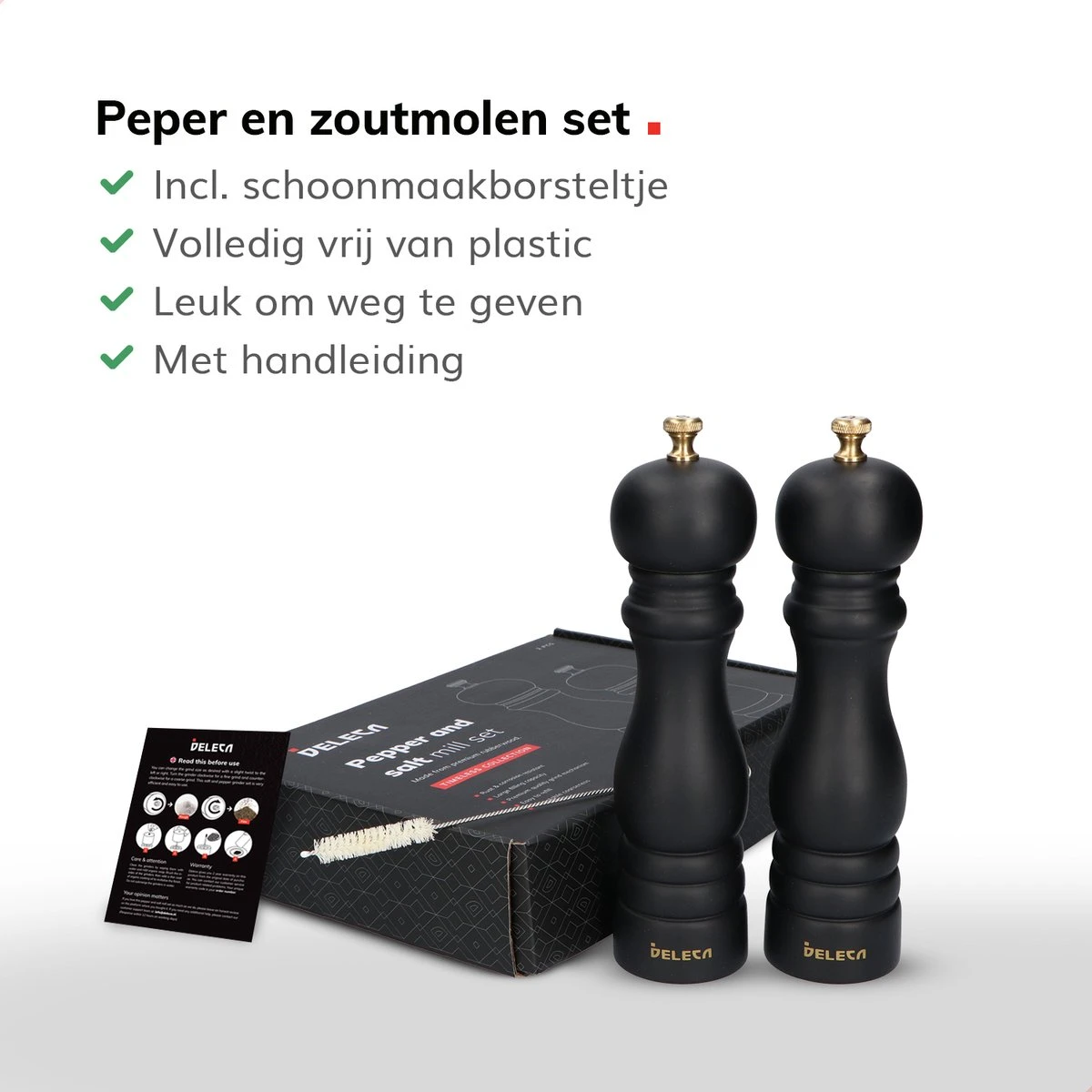 Deleca Luxe Peper En Zoutmolen Set - Met Geschenkdoos - Zout / Pepermolen - Rubberhout - Zwart & Goud 9 Deleca Luxe Peper En Zoutmolen Set - Met Geschenkdoos - Zout / Pepermolen - Rubberhout - Zwart & Goud - Afbeelding 9