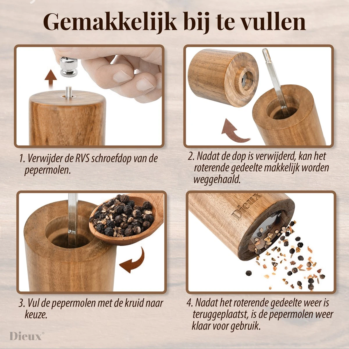 Dieux® - Peper En Zoutmolen Set - Cilinder Vorm - 22CM - Zout Peper Kruiden - 2 Stuks - Acacia Hout - Instelbare Maalgraad - Duurzaam - Luxe Kwaliteit - Hervulbaar - Pepermolen - Zoutmolen - BBQ Accesoires - Pasen 4 Dieux® - Peper En Zoutmolen Set - Cilinder Vorm - 22CM - Zout Peper Kruiden - 2 Stuks - Acacia Hout - Instelbare Maalgraad - Duurzaam - Luxe Kwaliteit - Hervulbaar - Pepermolen - Zoutmolen - BBQ Accesoires - Pasen - Afbeelding 4